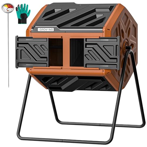 THEGROW'ING Updated 43 Gallon Outdoor Compost Bin. with Thermometer, Fast to Assemble. Tumbling Design, Dual Chambers. Rotating Function, Ideal for Outside, Backyard, Garden, Yard. Orange.