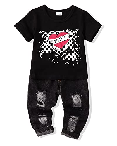 Image of NZRVAWS 6-12 Months Toddler Boy Clothes Boy Outfit Black Denim Pant Set Little Boy Clothes Ripped Jeans Fall Winter