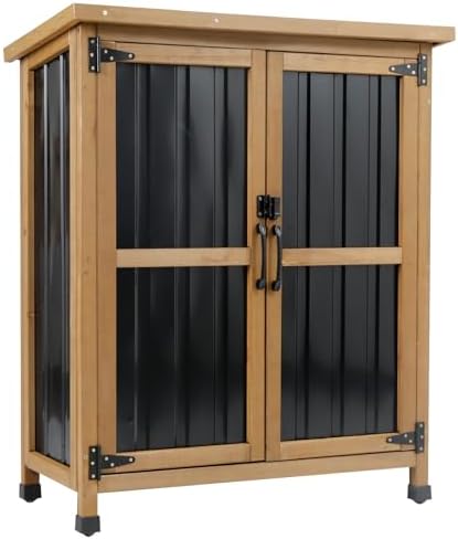Ketive Outdoor Storage Cabinet Wood & Metal Small Storage Shed Waterproof Roof, Double Lockable Doors Garden Shed with Removable Shelves for Patio, Garden, Backyard, Lawn, 32" x 13" x 40" (Brown)