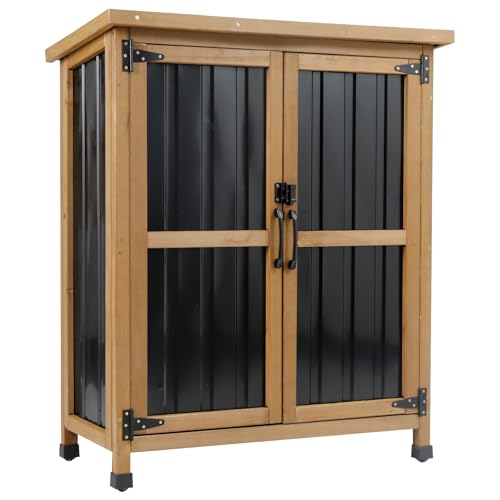 Ketive Outdoor Storage Cabinet Wood & Metal Small Garden Tool Storage Cabinet with Weather-Resistant Asphalt Roof Double Lockable Doors & Removable Shelves for Porch Patio Garden Backyard