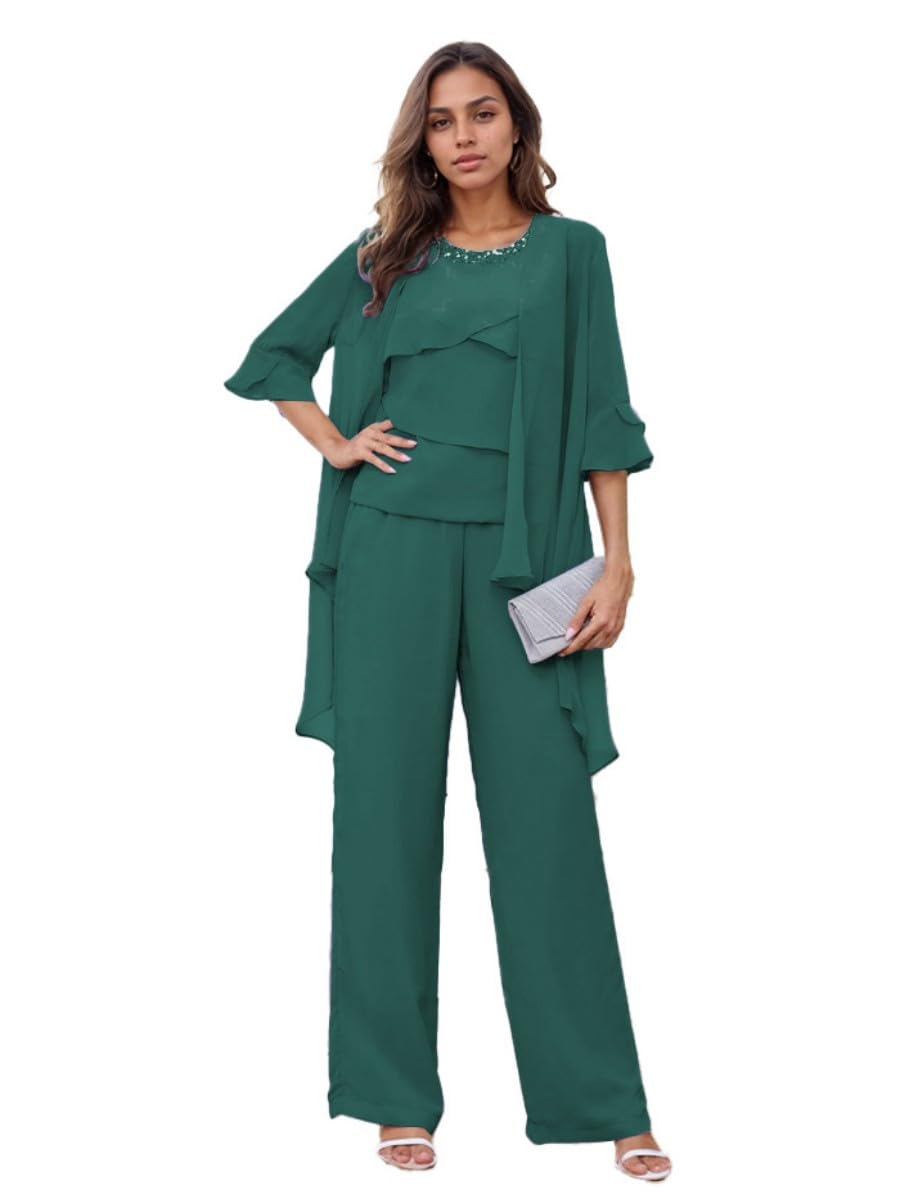 Mother of The Bride Pant Suits 3 Pieces Chiffon Outfit Sets Wedding Formal Outfit Set Evening Gown Women Emerald 16