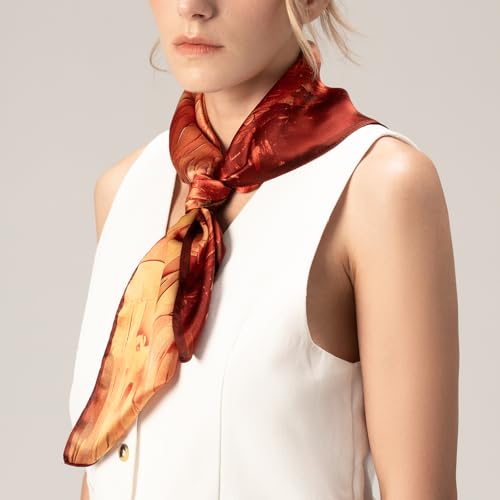Head Silk Satin for Women Head: Bandana Scarves Hair Satin 27'' x 27'' - Orange Yellow Classic Design - 100% Mulberry Square Scarf - Reinforced Edges Holiday Gift