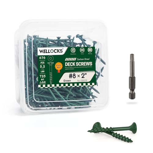 Image of WELLOCKS #8 x 2 in Green Deck Screws, 5.2 lbs with T25 Bit | 1000+ Hour Salt Spray Coating, T25 Bit Included for Outdoor Deck Boards, Fences, and Wood Projects.