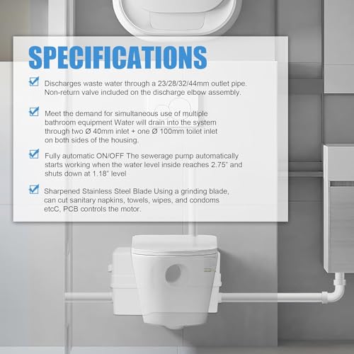 Image of Sink Sewerage Pump 800W, Macerating Toilet Pump 10800 L /h Flow, 29.5ft /9m Head for Basement Upflush Toilet, Macerator Sewerage Sump Pump System With 3 Water Inlets For Bathtub, Laundry And Sink