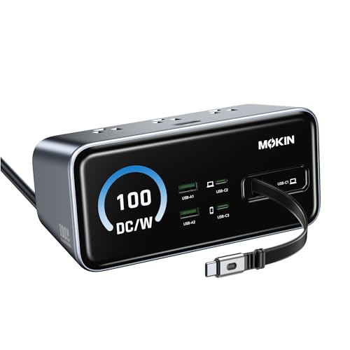 Image of MOKiN 8-in-1 Charging Station, 3 USB-C,2 USB-A,3 AC, GaN Desktop Charger Station with Retractable Cable, 1500J Surge Protector Power Strip for iPhone 17 /16,MacBook Pro, Laptop,Gaming Desk Accessories