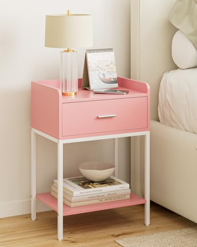 Image of Masupu Nightstand,Bedside Table 3-Tier Modern Night Stand with Storage Drawer and Shelf,Small End Side Table for Bedroom,Living Room,Black (Without Outlet, Pink)