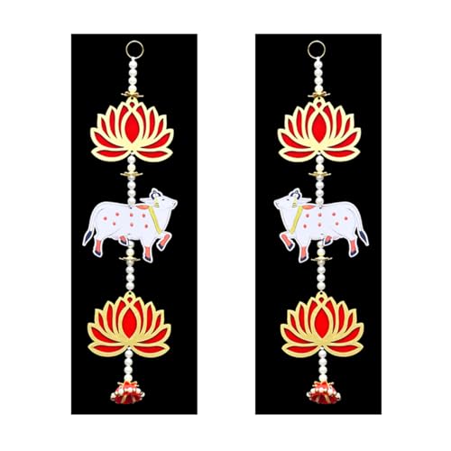 Image of Saugat Traders Handmade Pichwai Cow and Lotus Wall Hanging for Decoration | Diwali Decorations | Floral Hangings for Home Decoration, Temple, Main Door Entrance | 1 Pair | 17 Inch Each