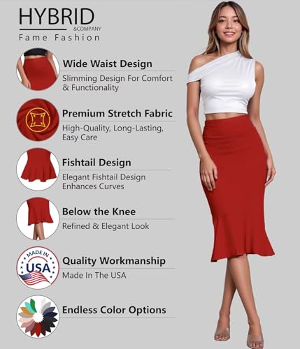 Image of HyBrid & Company Womens Premium Nylon Ponte Stretch Office Fishtail Pencil Skirt High Waist Made in The USA Below Knee