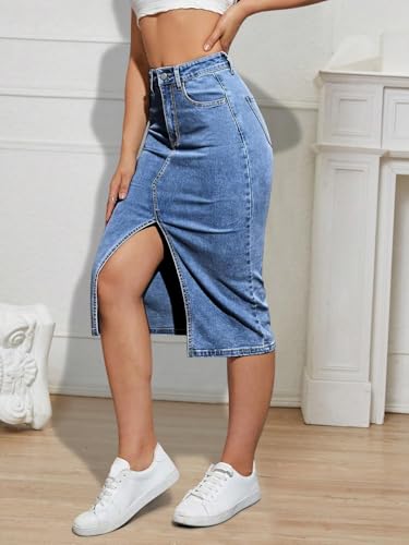 Women's Mid Length Stretch Denim Slit Skirt Comfortable Curve Enhancing for A Flattering Fit3