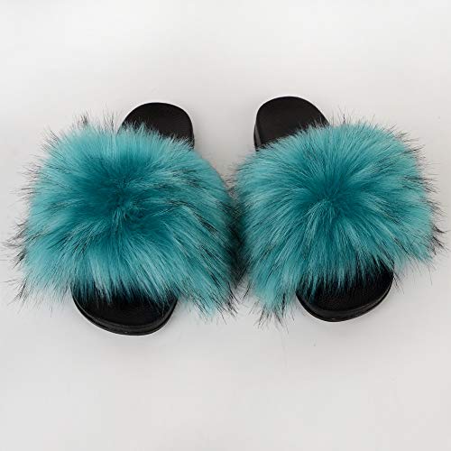 Image of MH Bailment Womens Furry Fluffy Slippers Faux Fur House Slippers Open Toe Fuzzy Slides Soft Flat Slip On Sandals for Indoor Outdoor