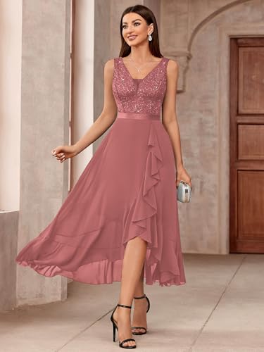 Image of Miusol Women's Vintage V-Neck Sleeveless Sequined Floral Lace Ruffle Split Evening Party Dress | Deep V-neck, sleeveless, sequin lace, ruffle design dress, suit for cocktail party, wedding and banquet