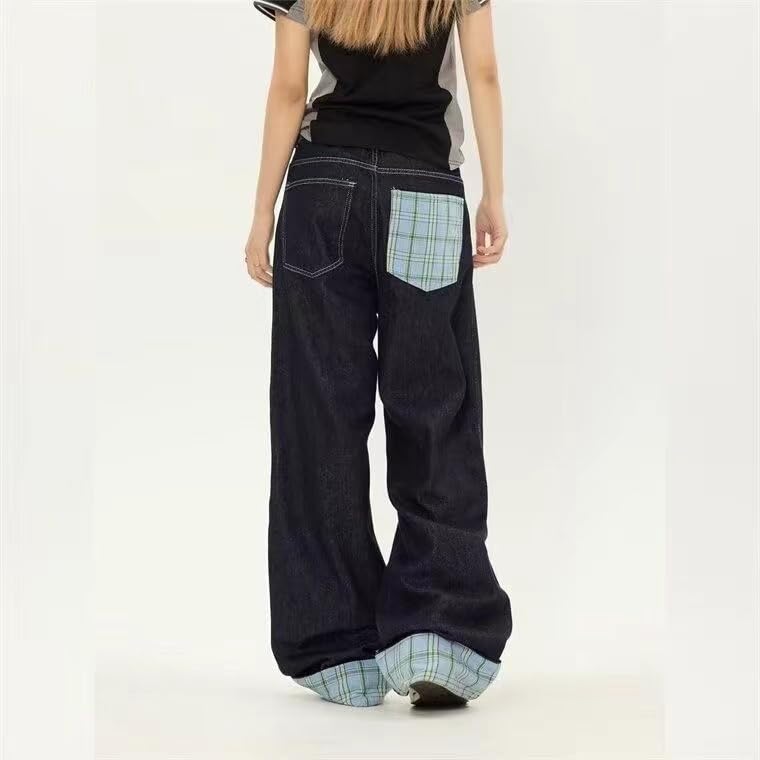 American Vintage Lattice Patchwork Edge Curl Jeans Grunge Harajuku Hip Hop Casual Baggy High Waist Straight Leg Pants4