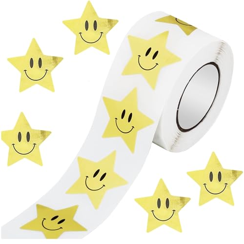 Image of DOETYD 500 Pcs Gold Star Stickers Motivational Smiley Stickers for Kids Reward Self-Adhesive Stars for Teachers Rewards, Crafts, and Classroom Use, 1 inch/2.5cm