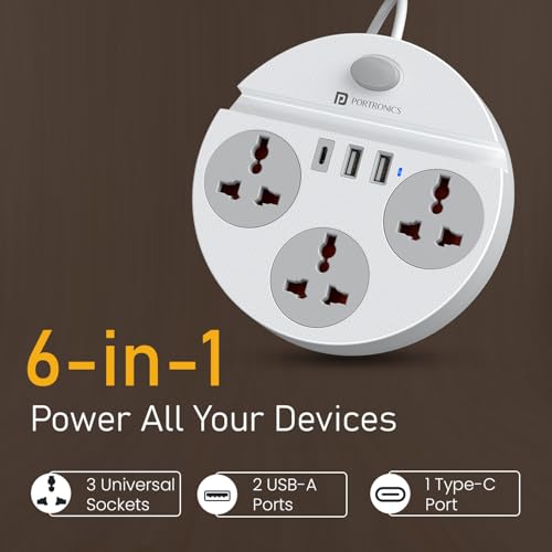 Image of Portronics Power Plate 5 Pro, 6-in-1 Power Extension Board with 3 Universal Sockets, 2 USB-A & 1 Type-C Port, 1500W Output, Built-in Mobile Holder, 2M Long Cord, Overload & Surge Protection