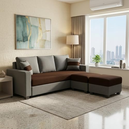 Image of FURNY Aura 3 Seater Modular Fabric Sofa Set with 2 Ottomans (Dark Brown-Dark Grey) | 5-Person Seating with Premium Velvet Finish | Ideal for Living Room