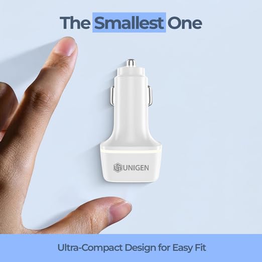 Image of UNIGEN 80W Fast Car Charger Dual Port (USB-C PD + USB QC 3.0), Compact Metal Car Charging Adapter Compatible with iPhone, Android Smartphones, Earbuds, Smartwatch & Power Bank (White)