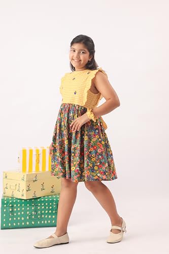 Image of Kids Girls Printed Embroidered Fusion Dress | Handmade Crafted Designer Ethnic Wear | 100% Cotton