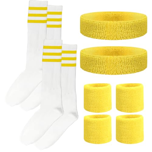 Image of 10 Pieces Striped Sweatbands and Striped Socks Set Headbands Wrist Sweat Bands for Men and Women Sports 80s 90s Fitness