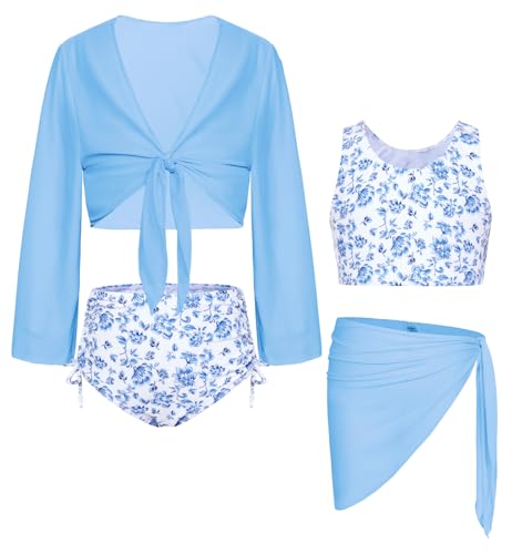 Image of GRACE KARIN Girls Bathing Suit Adjustable Taniki Swimsuit Tie Front 4 Piece Bikini Set with Kimono Cover Up 6-14