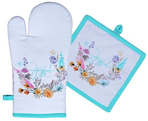 AMOUR INFINI Pot Holders and Oven Mitt Heat Resistant Non Slip Reusable Set of 1 Oven Mitt and 1 Pot Holder Oven Gloves Pot Holder for Cooking (Joyful Floral Design)