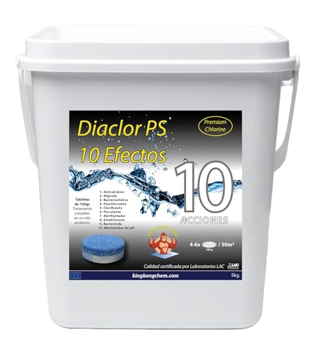 Cloro Total para Piscinas DIACLOR PS 10 Efectos 5 KG - 50 Pastillas de Cloro Multiacción (100 gr) -...