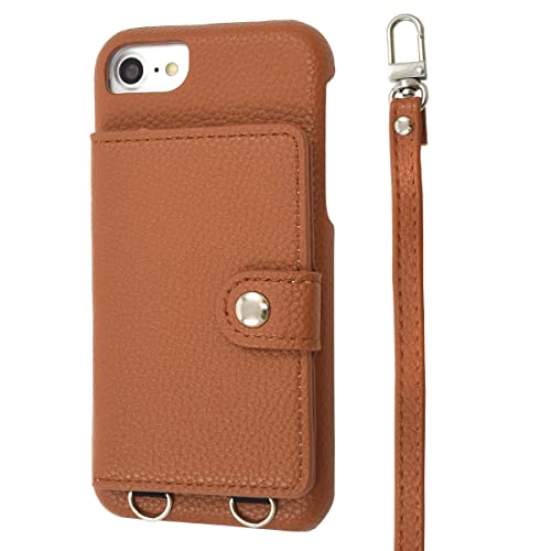 iPhone 7 / 8 / SE2 / SE3 / 6 / 6s ショルダー ケース 肩掛け 背面カードケース レザー ショルダーストラップ スマホショルダー PUレザー 収納 ストラップ付 【 ブラウン 】