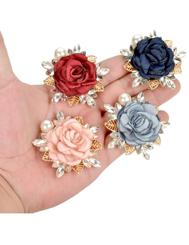 Image of 4Pcs Rose Flower Brooch Pin Handmade Crystal Pearl Fabric Flower Boutonniere Lapel Pin Wedding Party Dance Dress Suit Clothing Accessories for Women Pink Red Blue Grey Color