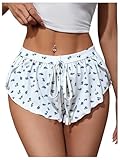 MakeMeChic Women's Pajama Bottoms Floral Print Plaid Tie Front PJ Shorts Slit Hem Cherry Summer Lounge Shorts Blue and White Small