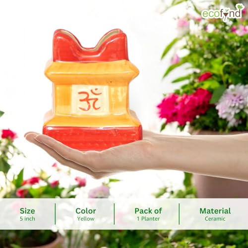 ecofynd 5 inches Tulsi Ceramic Plant Pots, Flower Pot with Drainage Hole, Decorative Modern Indoor Planters, Home Garden Decor for Living Room Bedroom Interior (Yellow,CPOT016)