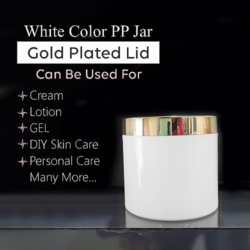 Image of Cosmetic Empty White PP Jar With Golden Top Lid Portable Refillable & Reusable Cosmetic Screw Cap Container for Gel, Scrub. Under Eye cream, Face Cream Lip Balm with Inner Lid 50gm Pack of 5