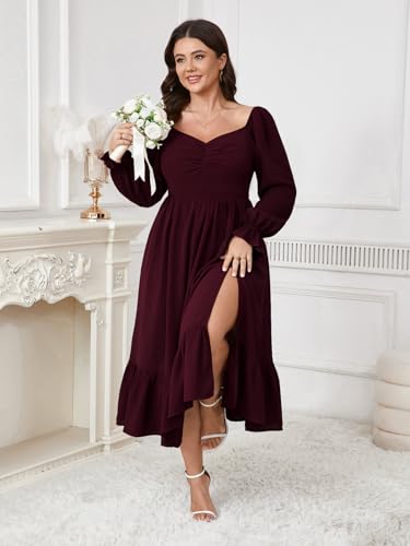 SCOMCHIC Womens Plus Size Cocktail Wedding Guest Dress Sweetheart Neckline Long Sleeve Smocked Ruffle Slit Maxi Dresses3
