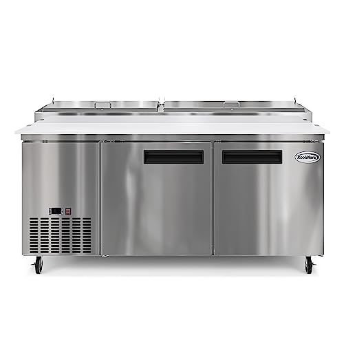 Image of KoolMore 71 in. Commercial Pizza Prep Table with Built-In Refrigerator, Cutting Board, Food Protection Lid, Cold Storage, Rolling Caster Wheels in Stainless Steel, ETL Listed, (KM-RPPS-2DSS)