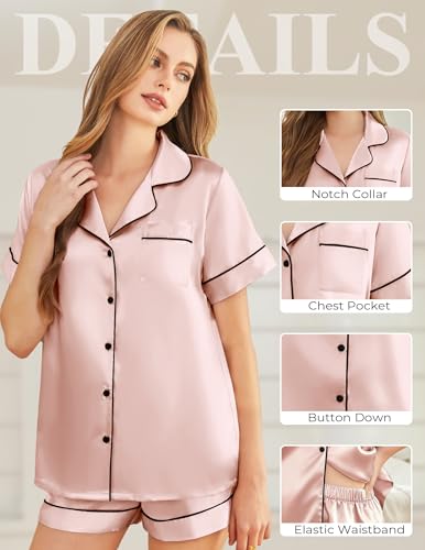 Image of Silk Pajamas for Women Short Sleeve Sleepwear Soft Button Down Loungewear 2 Piece Satin Pjs Shorts Set S-XXL