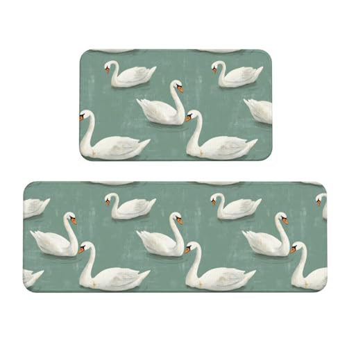 GVYGVY Antifatigue Kitchen Mats for Floor 2 Piece - Modern Style Swan Print Kitchen Rugs Washable, Non Slip Runner Rug Standing Mat for Office/Bathroom/Laundry/Home Decor and Accessories