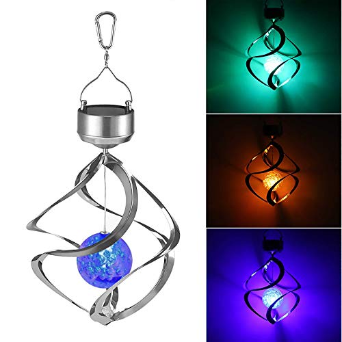 OurLeeme Solar Wind Chime Light, LED Color Changing Hanging Wind Light Waterproof Spiral Spinner Lamp Outdoor Decorative Light for Garden Yard Balcony Patio