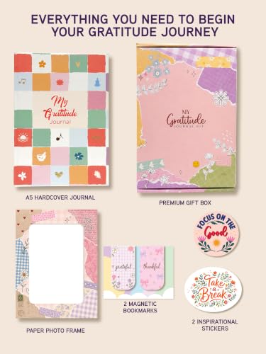 Image of DOODLE My Gratitude Journal Kit | A5 Hardcover Gratitude Journal | 132 Guided Pages for Daily Gratitude, Mindfulness & Self-Care | Wellness Journal with Premium Gift Box, Photo Frame, Magnetic Bookmarks & Inspirational Stickers (Joyful Notes)
