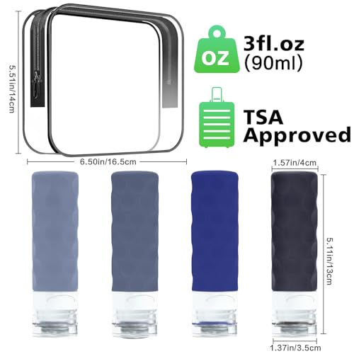 Image of Silevoler Travel Bottles for Toiletries, 4pcs Tsa Approved 3oz Travel Size Containers, BPA Free Leak Proof Premium Silicone Bottles, Refillable Liquid Squeezable Accessories W /Toiletry Bag (Blue)