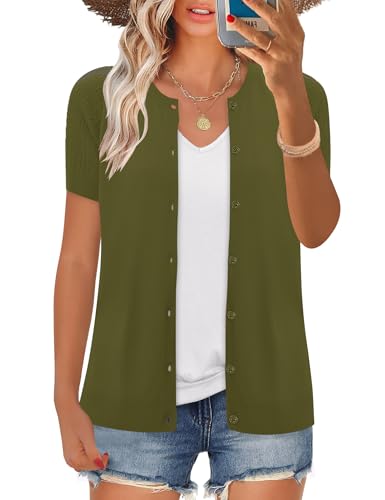 Image of FreshNight Women's 2025 Short Sleeve Cardigan Button Up Hollowed Out Crewneck Shrug Sweaters Knit Sweater Tops Lightweight