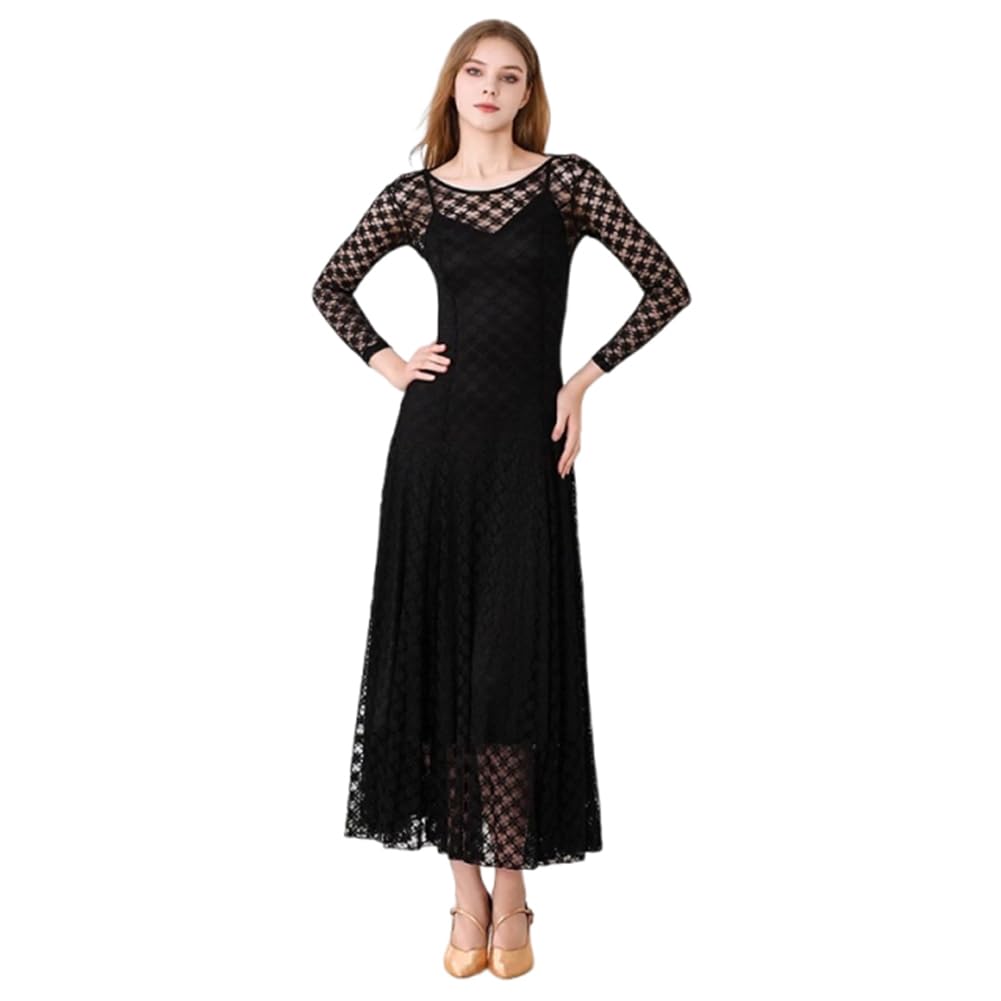 Womenu2019s Lace Tango Waltz Ballroom Standard Practise Dress Modern Dance Performance Dancewear Black
