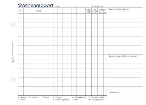 AVERY Zweckform 1310 Wochenrapport (A5 quer, mit 2 Blatt Blaupapier, von Rechtsexperten geprüft, für Deutschland und Österreich zur wöchentlichen Dokumentation der Arbeitsleistung, 100 Blatt) weiß