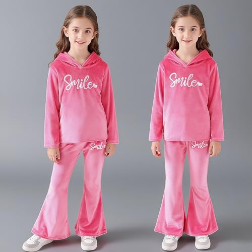 Image of 6-13 Years Girls Clothing Heart Print Hoodie Top + Heart Print Flare Leg Pants 2PC Clothing Set