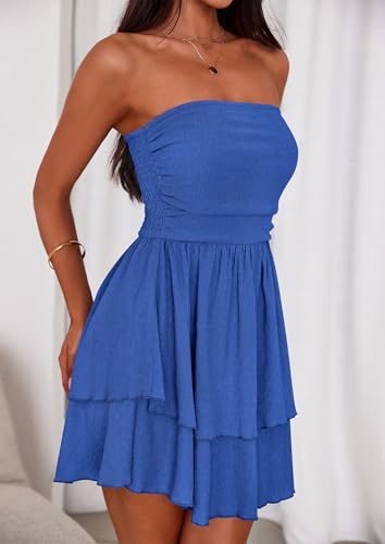 PRETTYGARDEN Women's 2025 Summer Strapless Tube Mini Dress Off Shoulder Smocked Ruffle A Line Flowy Short Party Club Dresses4