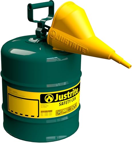 Image of Justrite 5 Gallon Type I Green Safety Can for Oil with Flame Arrester, Self-Closing Lid, and Funnel, Made in the USA, Galvanized Steel Flammable Storage Can, 7150410