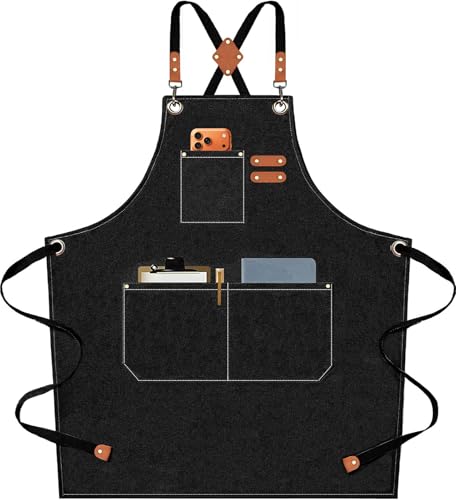 AFUN Chef Aprons for Men Women with Oversized Pockets, 16-Ounce Cotton Canvas Cross Back Heavy Duty Work Apron (Black)