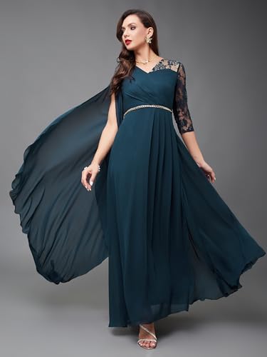 Image of Miss Chase Women's V-Neck Full Sleeve Self Design Lace-Overlaid Georgette Maxi Dress