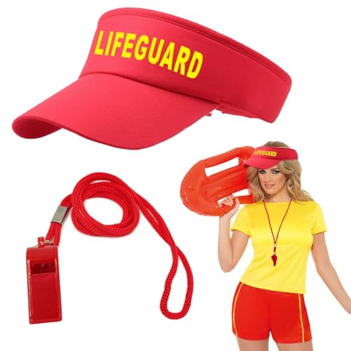 EUPSIIU 2 Piezas Juego de Disfraz de Guardia, Accesorios de Halloween incluye Rojo Sombrero y Silbato para Salvavidas, Disfraz de Carnaval Halloween Disfraz Deportista para Hombre y Mujer