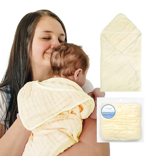 Image of L'Ange Muslin Hooded Baby Towel - Infant Bath Towel with Hood for Newborn Babies Boy or Girl - 100% Cotton - Pack of 1 - Ready to Use Medical Grade Packaging - 6 Layers - Yellow - 25.5x25.5 in