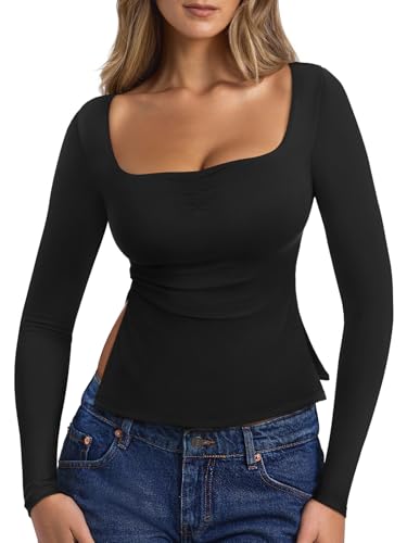 REORIA Long Sleeve Shirts for Women Square Neck Going Out Side Slit Tshirts 2025 Cute Y2k Tees Fall Trendy Tops