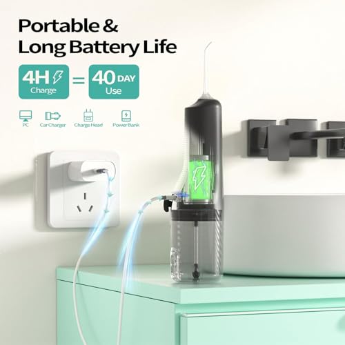 Image of FlossJet Water Flosser for Teeth, 2026 Upgraded Portable Dental Irrigator with 260ml Removable Tank, 4 Cleaning Modes & 5 Jet Tips, IPX6 Waterproof, 1300 mAh Rechargeable Battery Teeth Cleaner (Black)