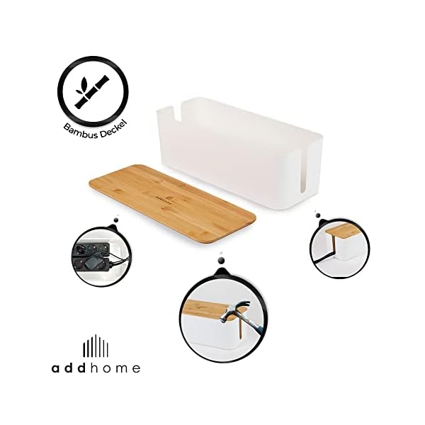 addhome Kabelbox 2er Set weiß aus ABS-Kunststoff mit Bambusdeckel inkl. Gummifüße und Klettband | Kabelmanagement… – Bild 6
